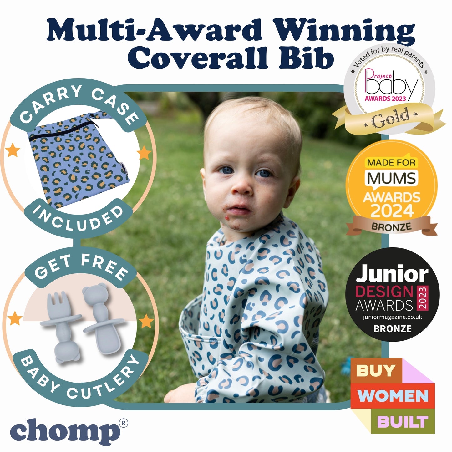 The EveryKid Coverall Baby Bib- Free Gift Cutlery Set & Carry Case Included